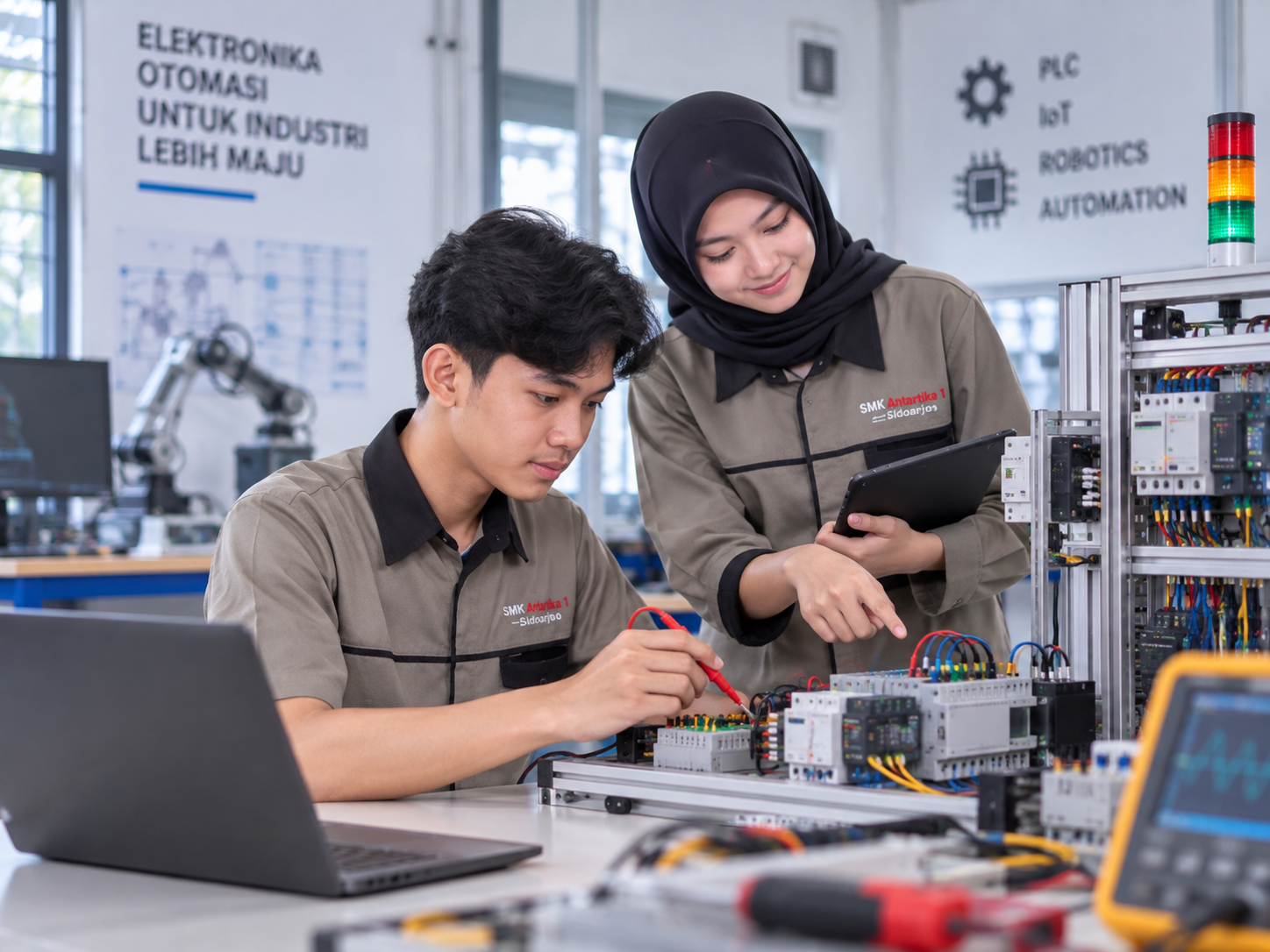 Siswa TEI SMK Antartika 1 Sidoarjo menguji sistem kontrol PLC industri, osiloskop, dan lengan robot otomatis